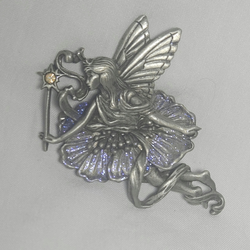 JJ JONETTE Stamped Pewter Fairy Brooch Pin w/ Purple Glitter Rhinestine Accents